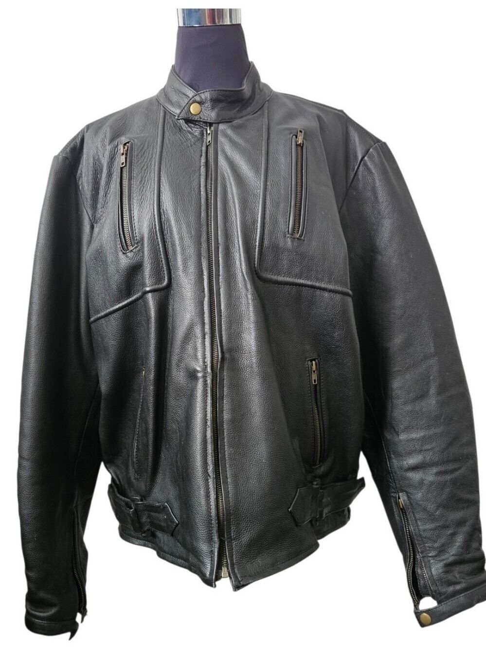 Vintage Black Heavy Leather Motorcycle Jacket Moto Biker Bomber Size XXL